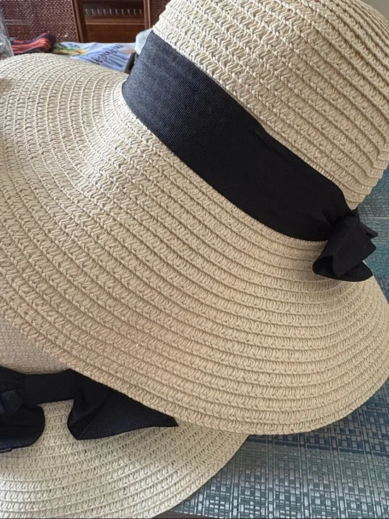 3 Wide Brim Straw Sun Hats with Black Ribbon NWOT - Picture 3 of 4